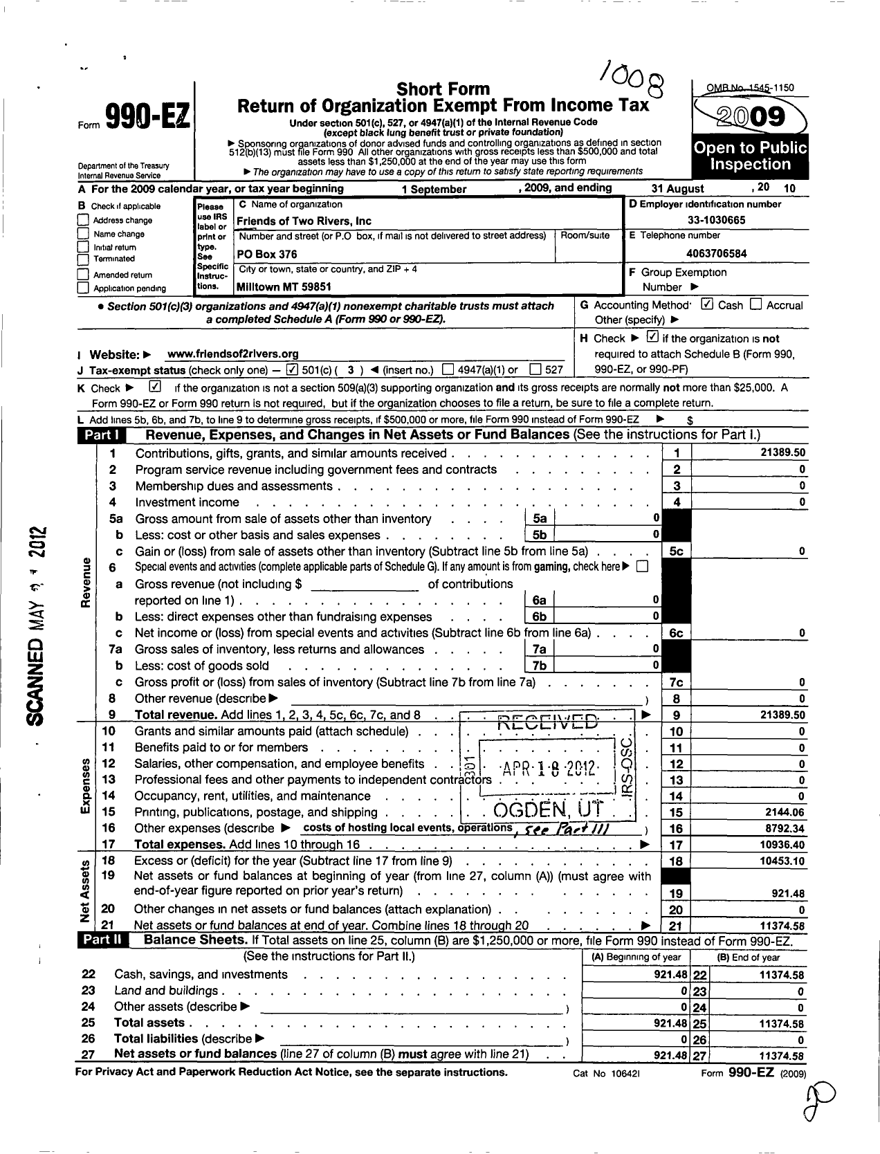 Image of first page of 2009 Form 990EZ for Friends of Two Rivers