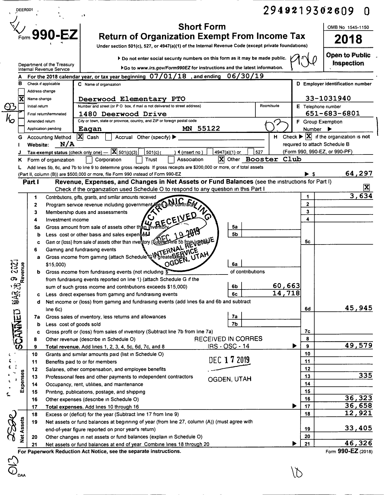 Image of first page of 2018 Form 990EZ for Deerwood Elementary Pto