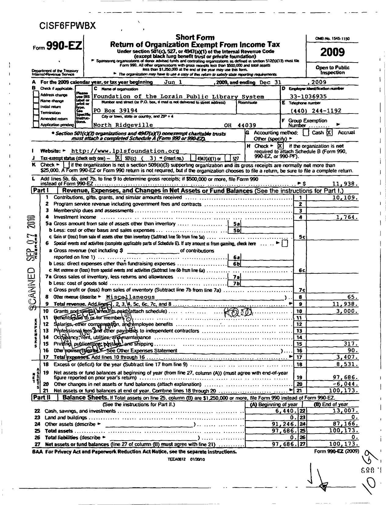 Image of first page of 2009 Form 990EZ for Foundation of the Lorain Public Library System