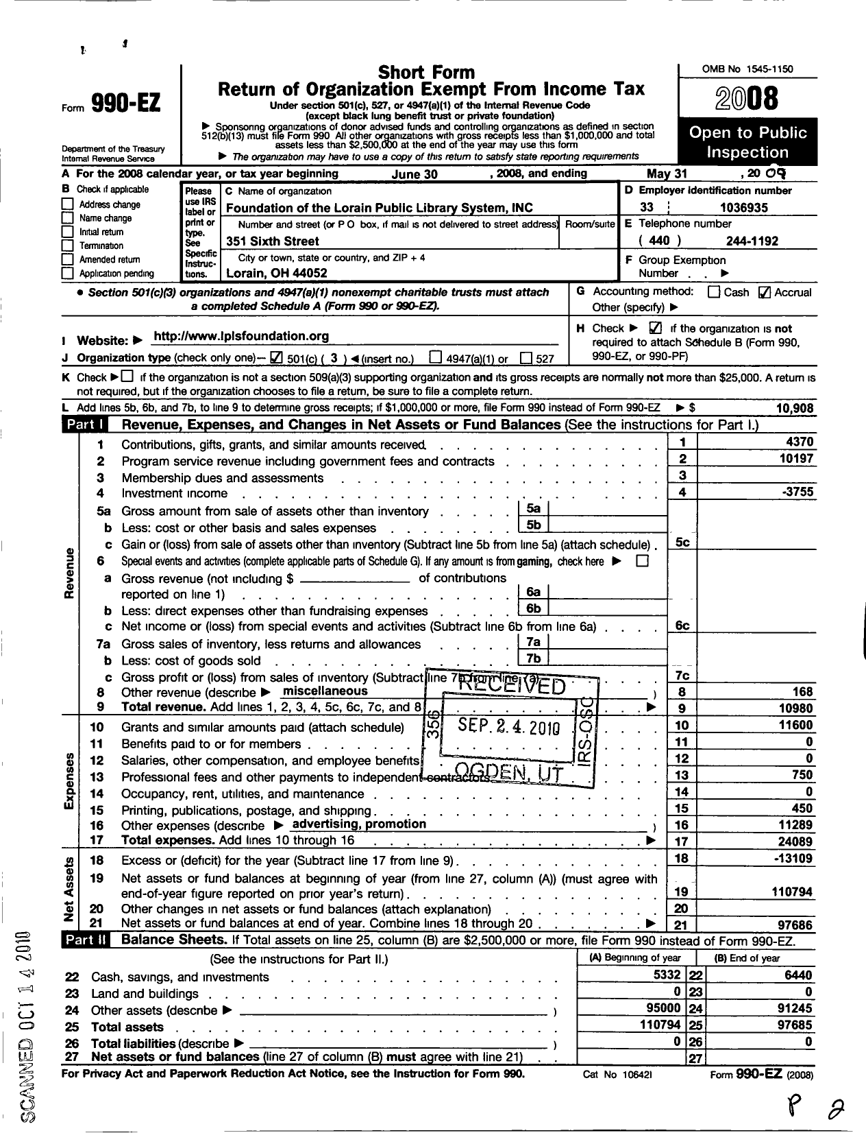 Image of first page of 2008 Form 990EZ for Foundation of the Lorain Public Library System