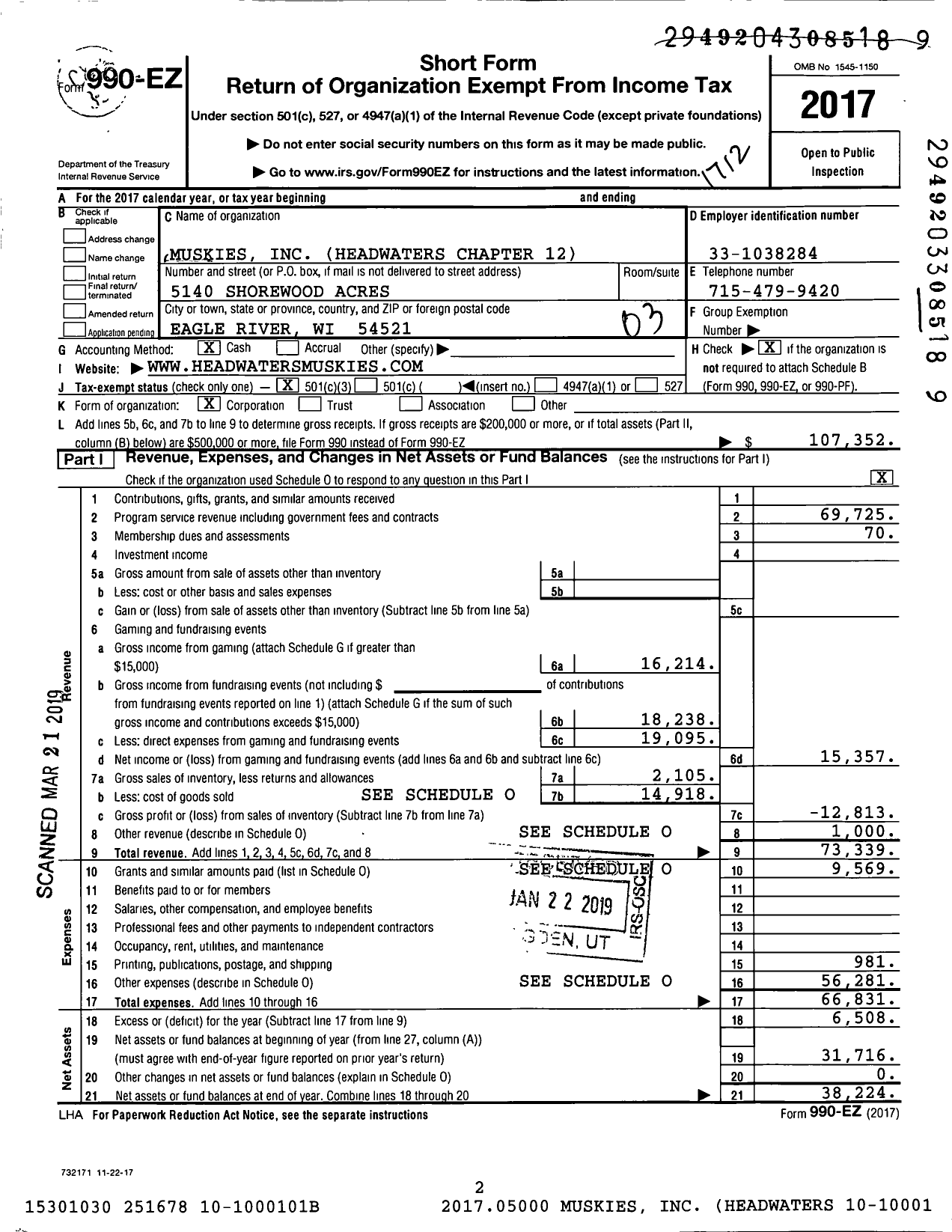 Image of first page of 2017 Form 990EZ for Headwaters Chapter 12 of Muskies