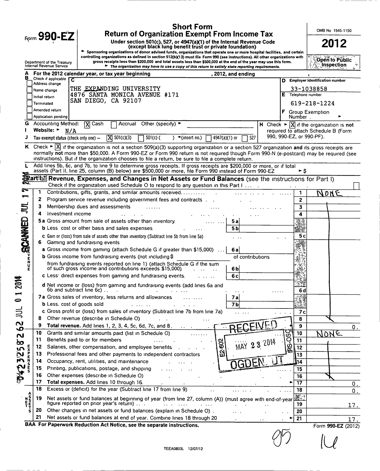 Image of first page of 2012 Form 990EZ for Expanding University