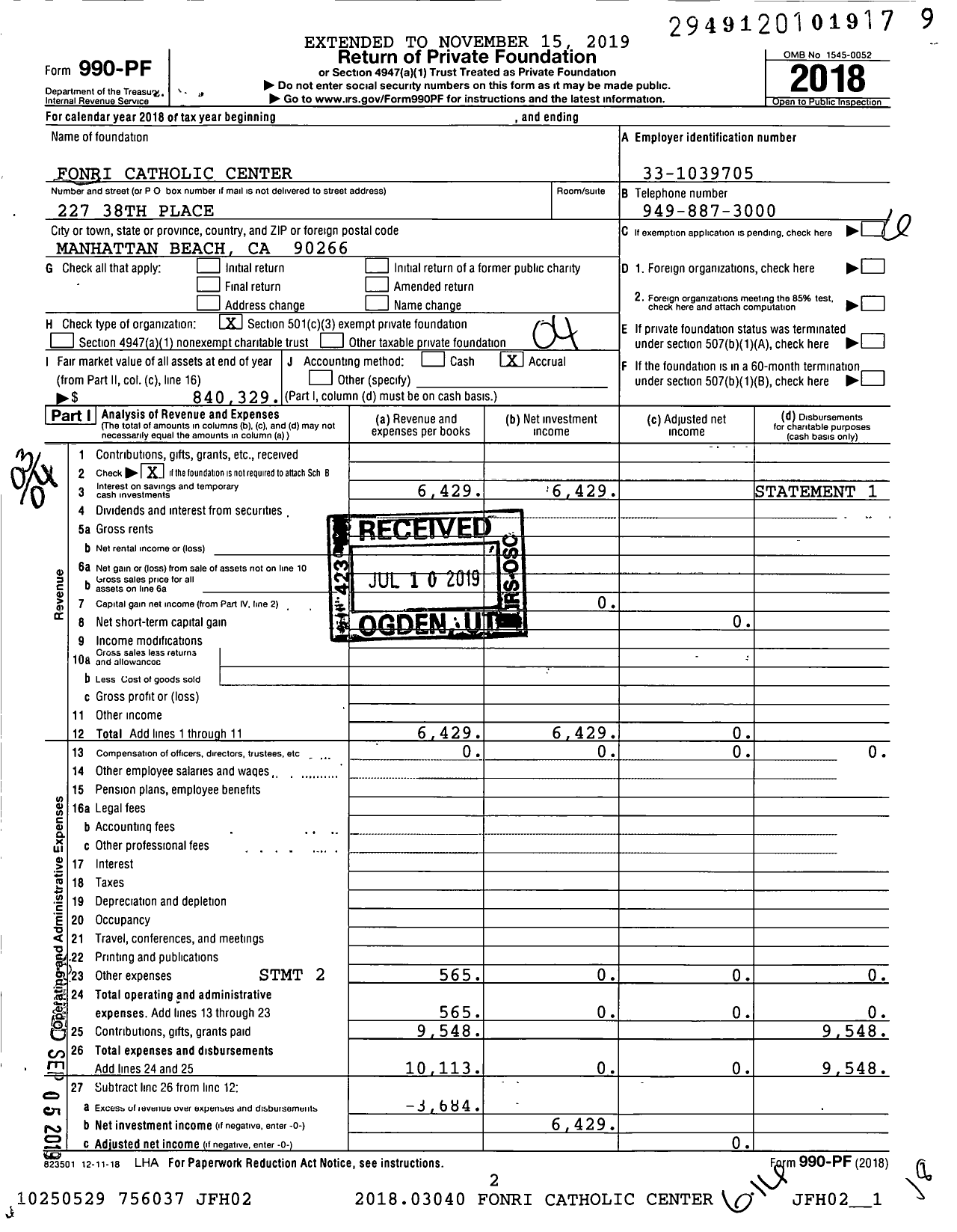 Image of first page of 2018 Form 990PF for Fonri Catholic Center