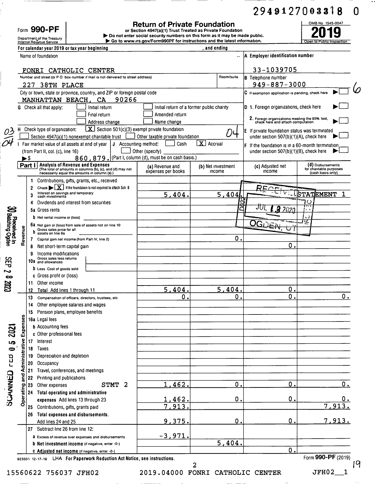 Image of first page of 2019 Form 990PF for Fonri Catholic Center