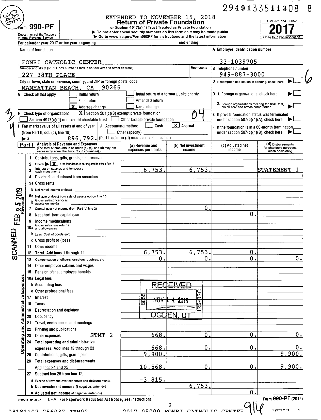 Image of first page of 2017 Form 990PF for Fonri Catholic Center