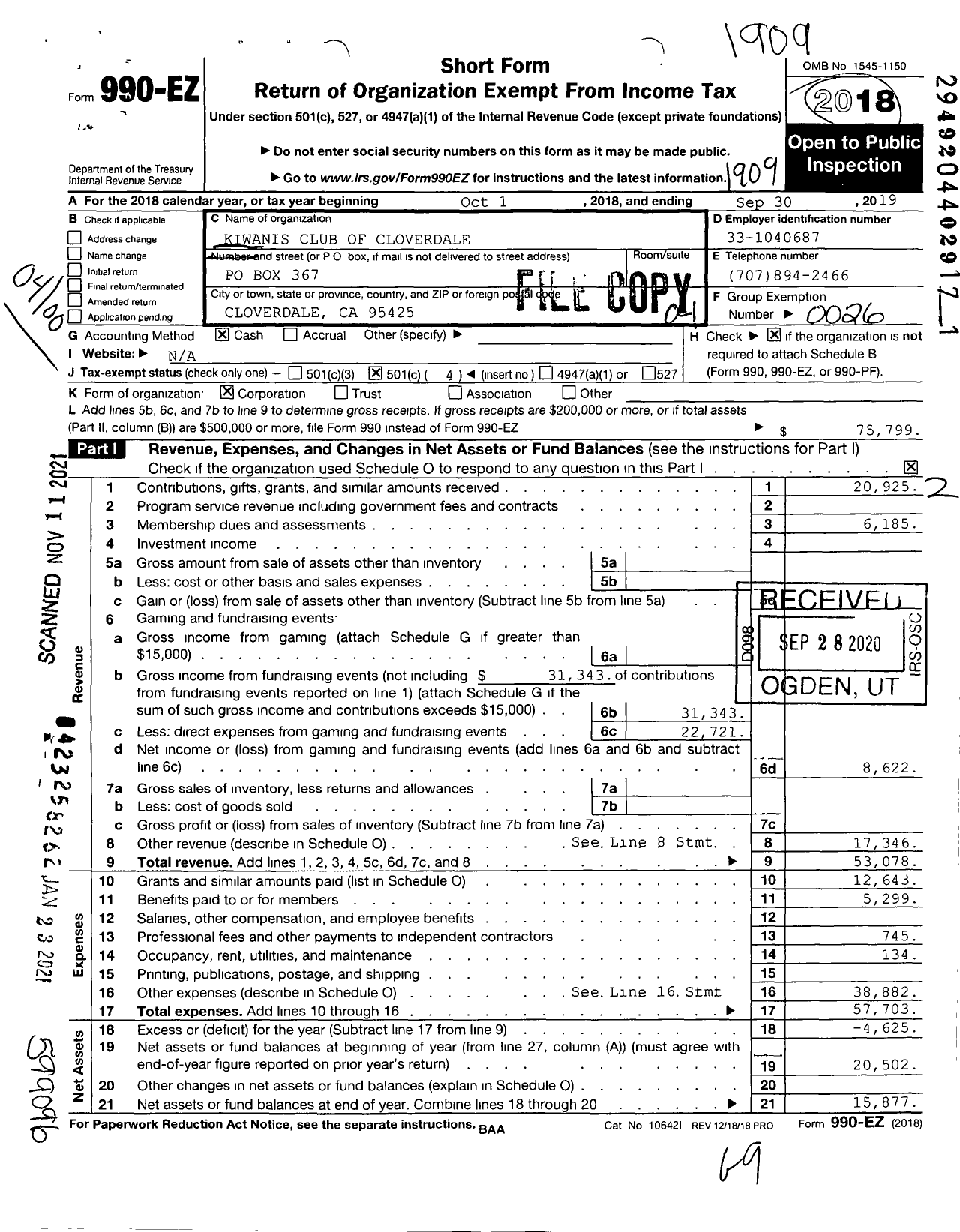 Image of first page of 2018 Form 990EO for Kiwanis International - K16206 Cloverdale