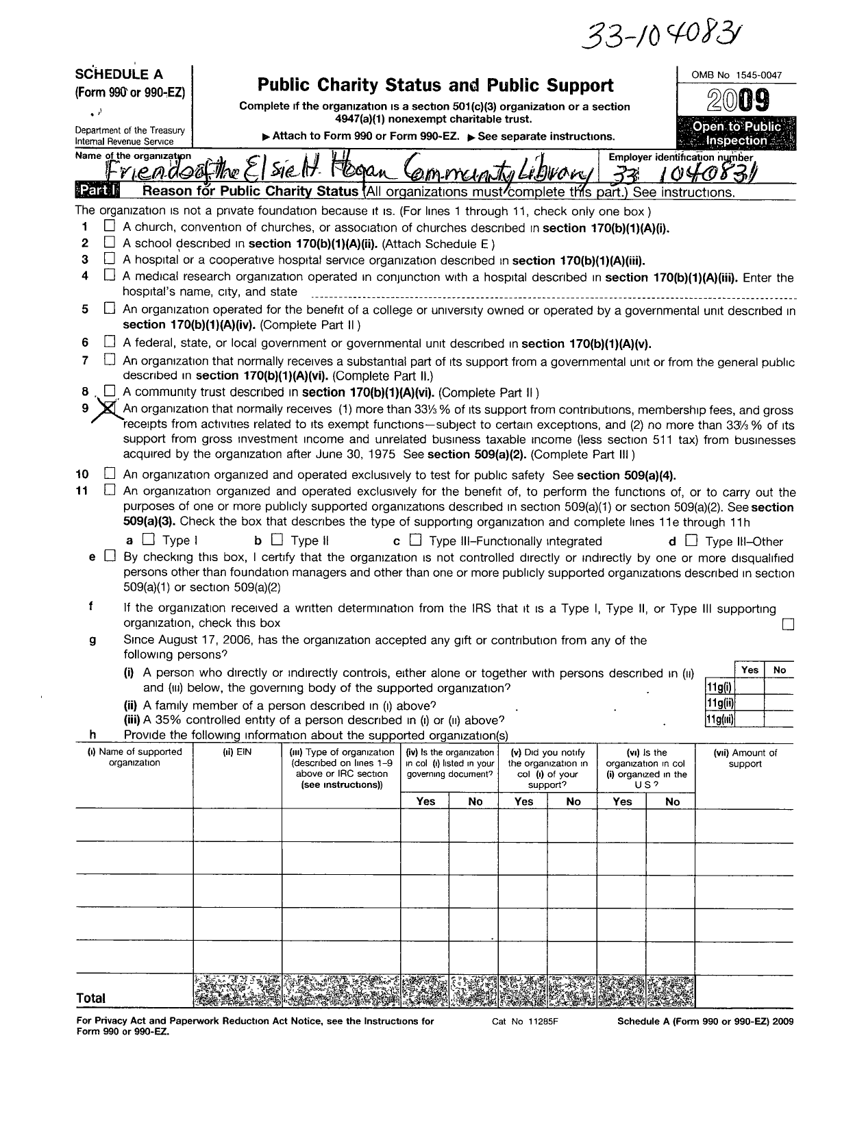 Image of first page of 2009 Form 990ER for Friends of Elsie S Hogan Community Library