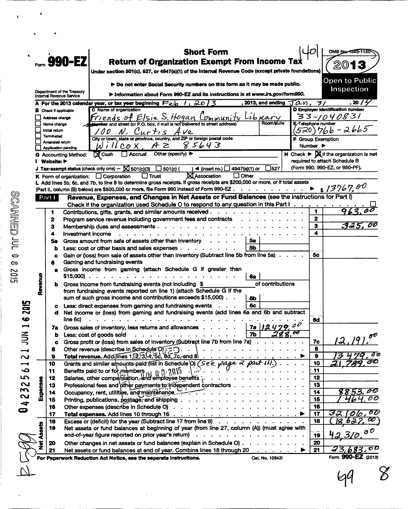 Image of first page of 2013 Form 990EZ for Friends of Elsie S Hogan Community Library