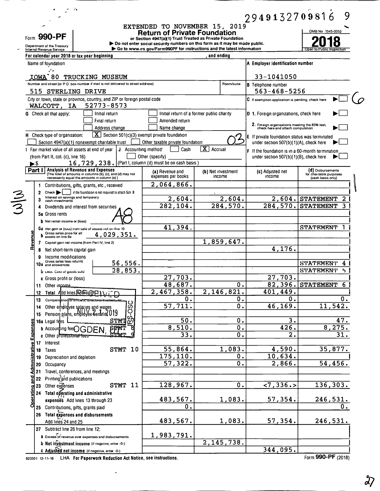 Image of first page of 2018 Form 990PF for Iowa 80 Trucking Museum