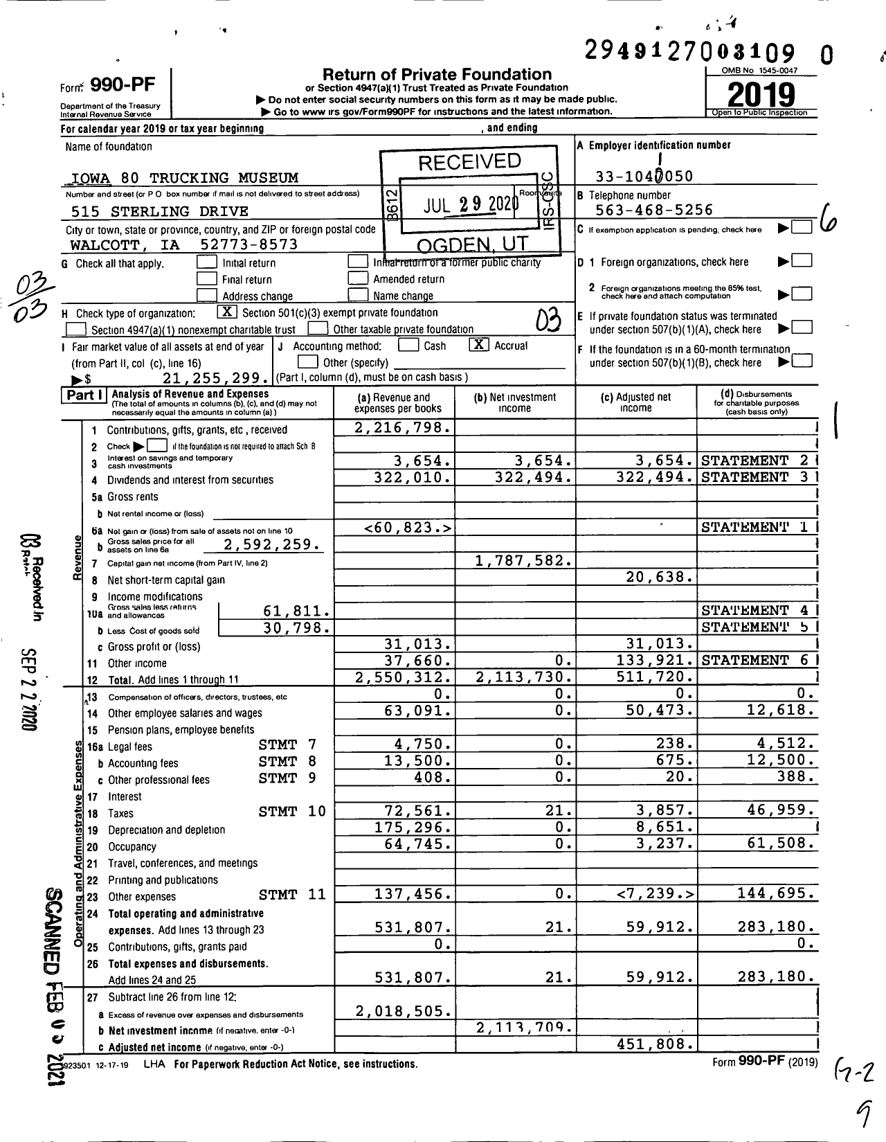 Image of first page of 2019 Form 990PF for Iowa 80 Trucking Museum