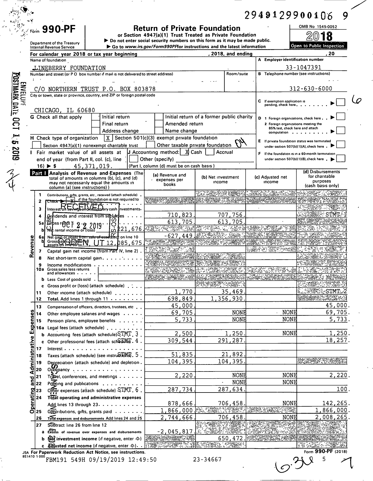 Image of first page of 2018 Form 990PF for Lineberry Foundation
