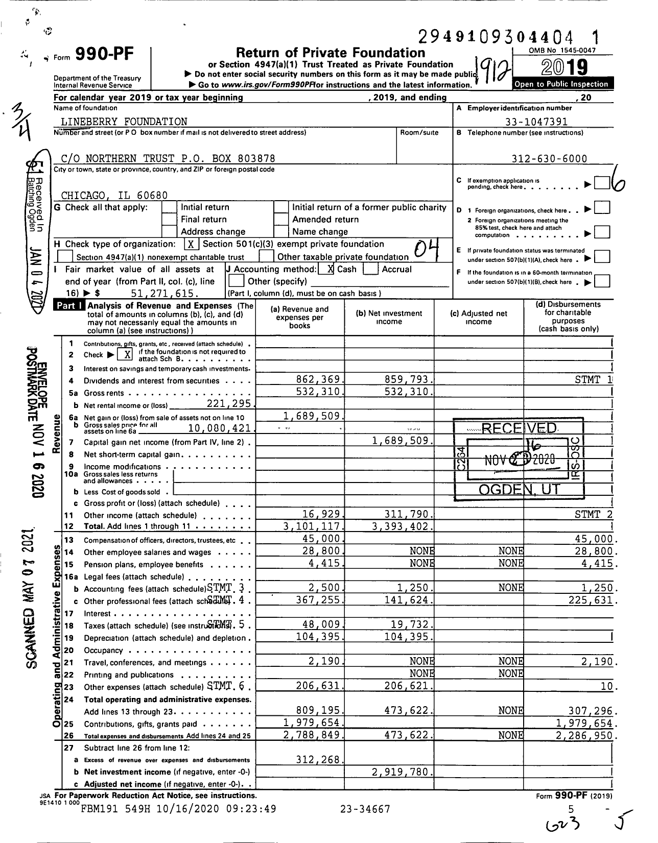 Image of first page of 2019 Form 990PF for Lineberry Foundation