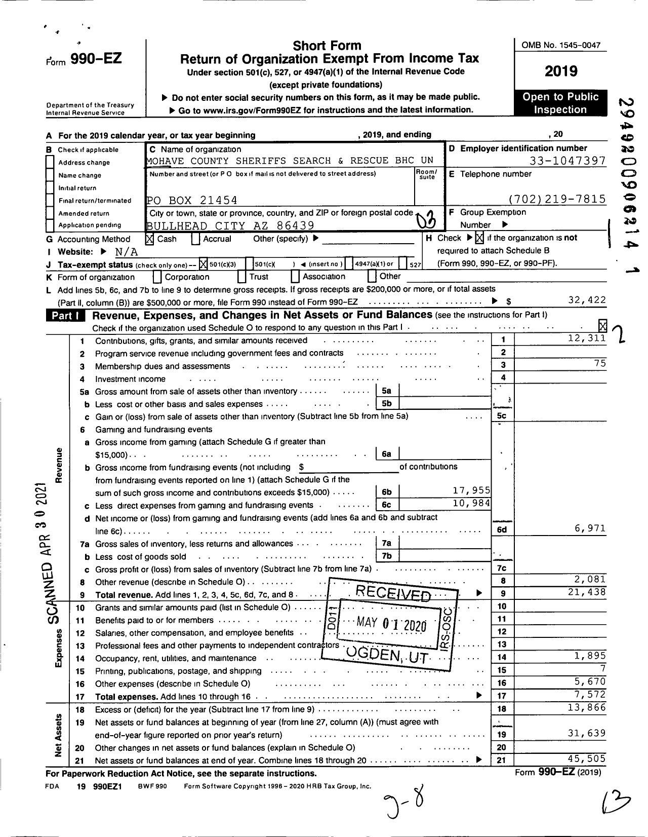 Image of first page of 2019 Form 990EZ for Mohave County Sheriffs Search and Rescue BHC Unit