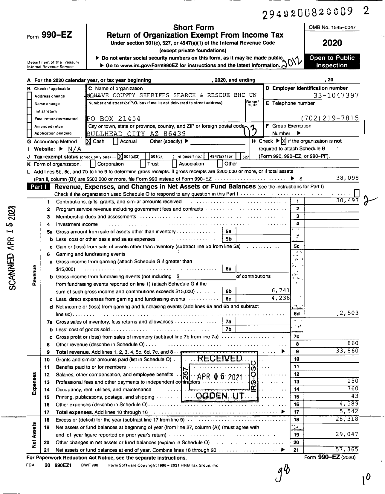 Image of first page of 2020 Form 990EZ for Mohave County Sheriffs Search and Rescue BHC Unit