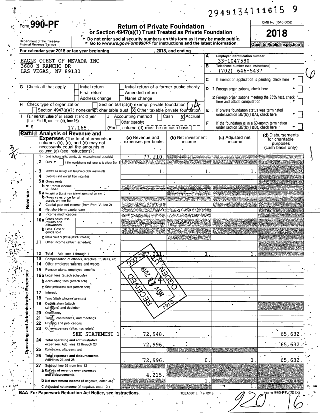 Image of first page of 2018 Form 990PF for Eagle Quest of Nevada