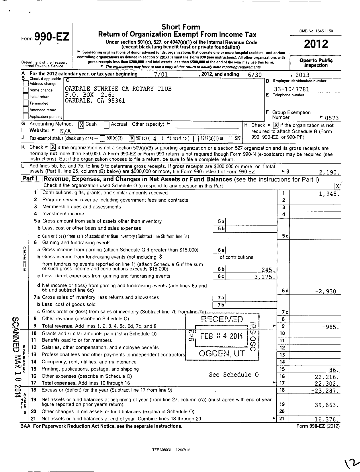 Image of first page of 2012 Form 990EO for Rotary International - Oakdale Sunrise