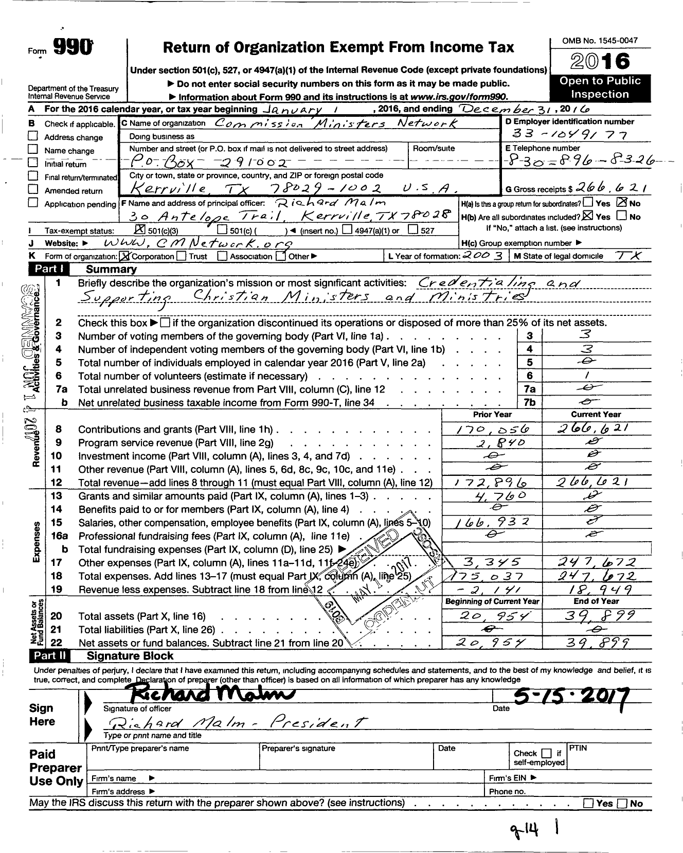 Image of first page of 2016 Form 990 for Commission Ministers Network