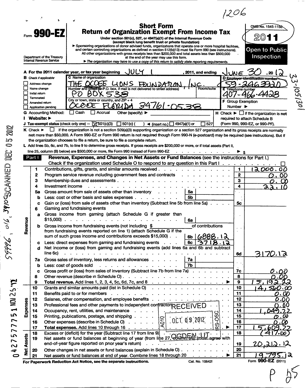 Image of first page of 2011 Form 990EZ for Ocoee Lions Foundation