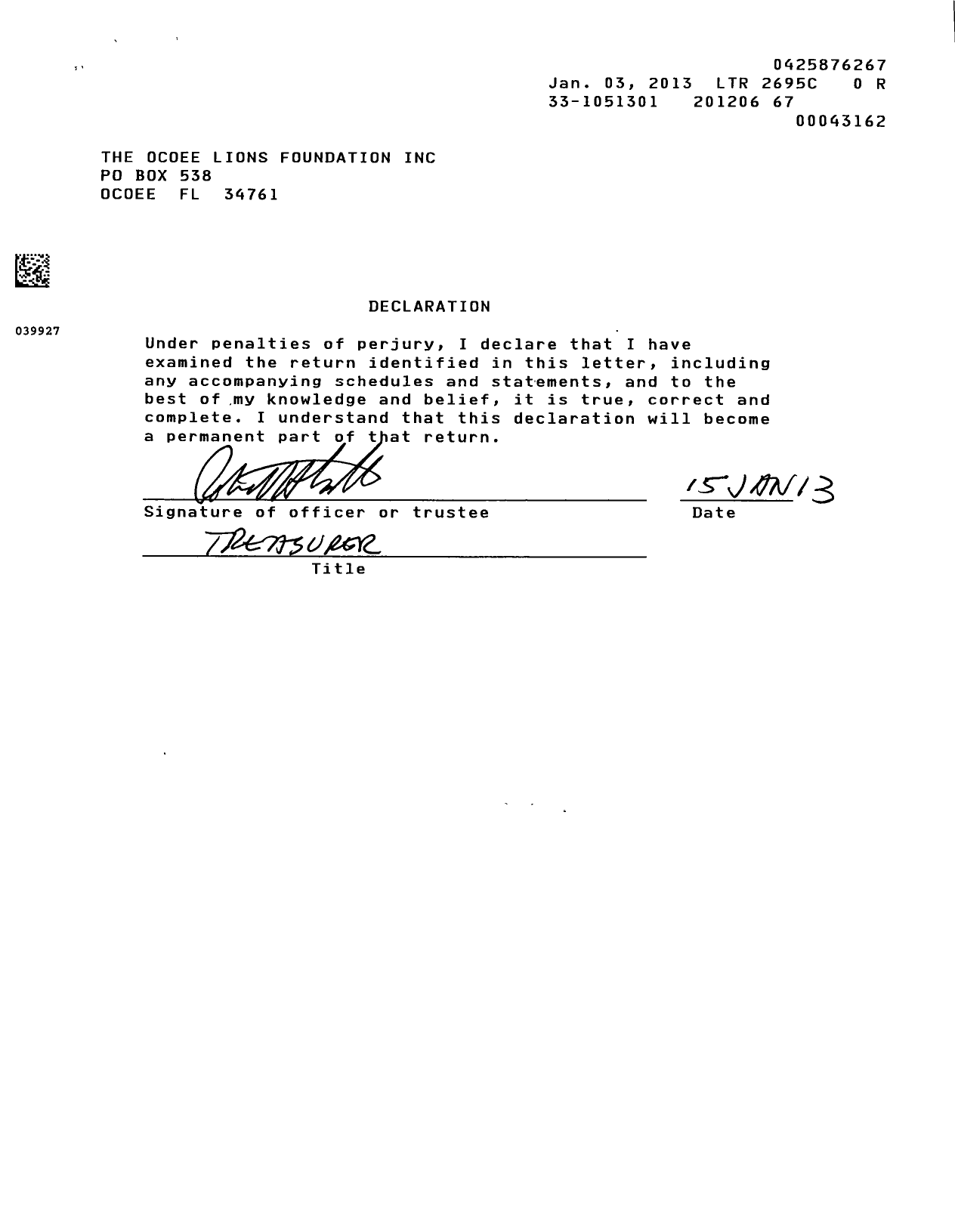 Image of first page of 2011 Form 990ER for Ocoee Lions Foundation