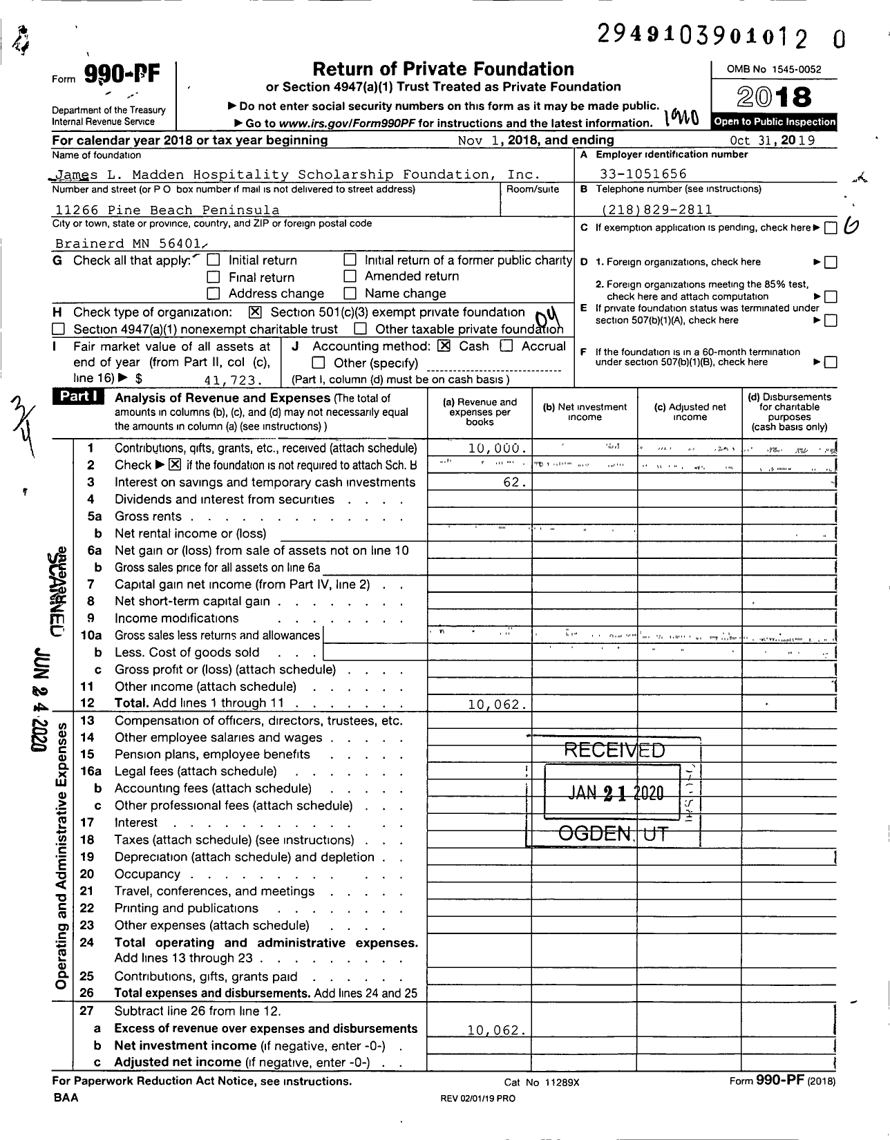 Image of first page of 2018 Form 990PR for James L Madden Hospitality Scholarship Foundation