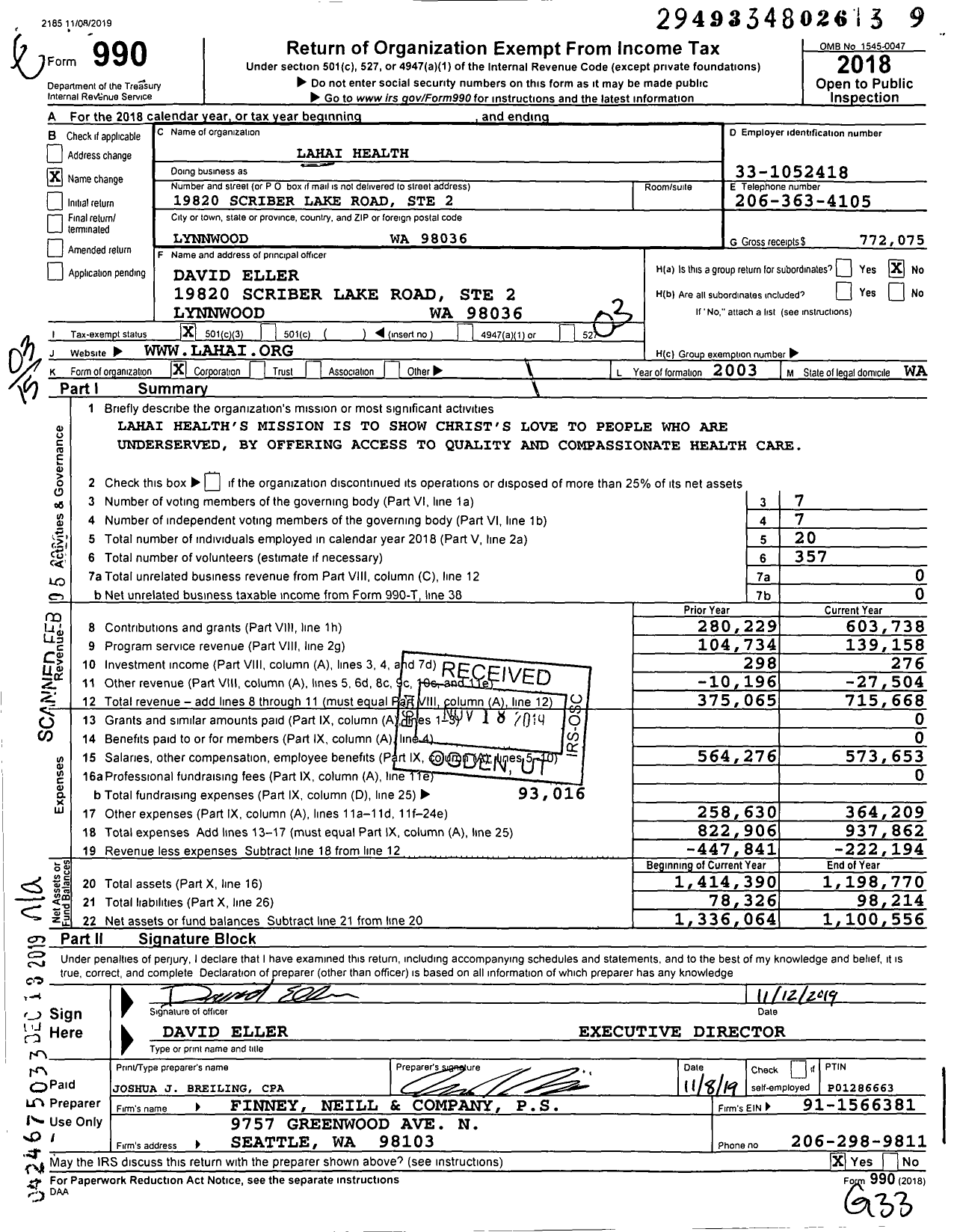 Image of first page of 2018 Form 990 for Lahai Health