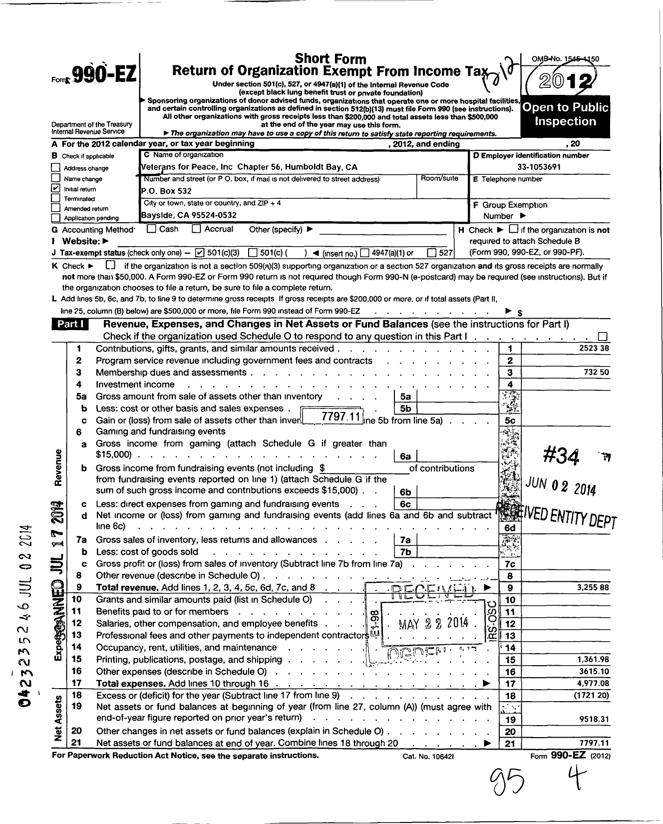 Image of first page of 2012 Form 990EZ for Veterans for Peace - 56 Humboldt Bay Ca