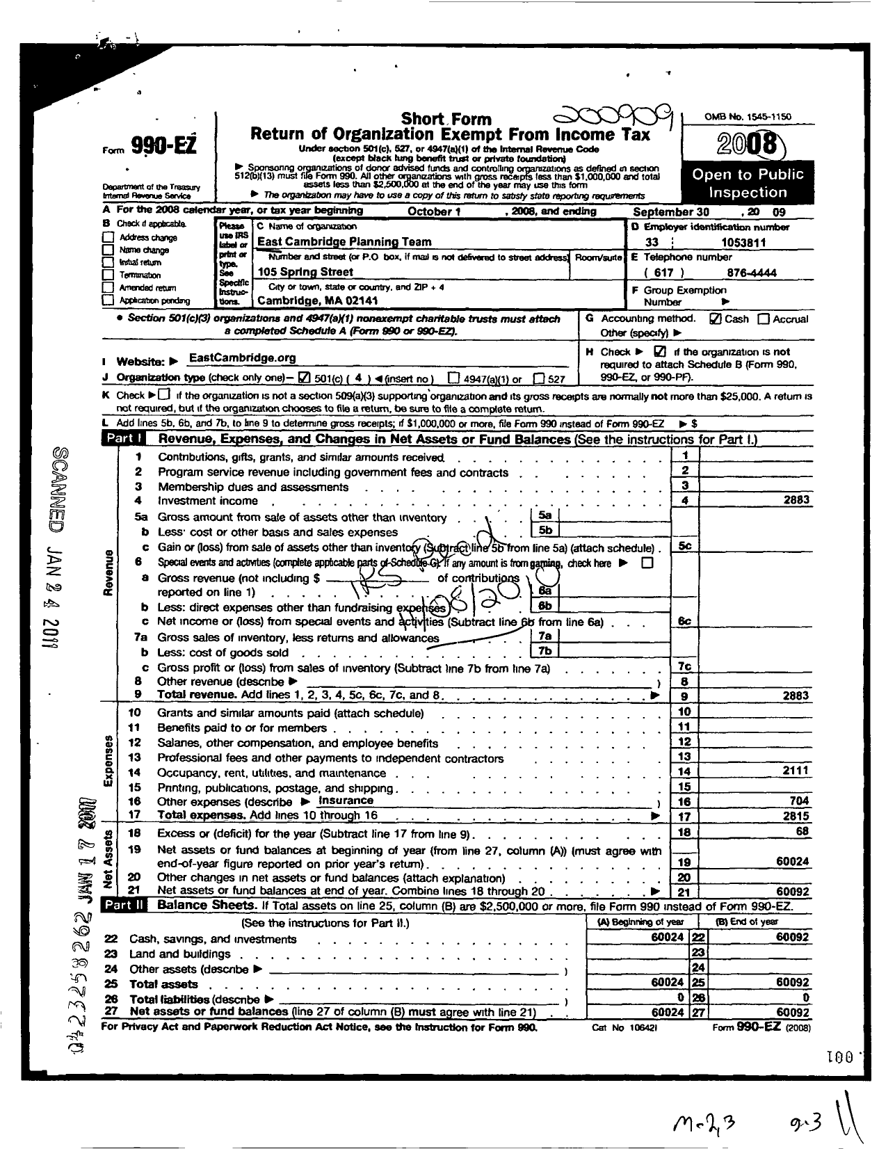 Image of first page of 2008 Form 990EO for East Cambridge Planning Team