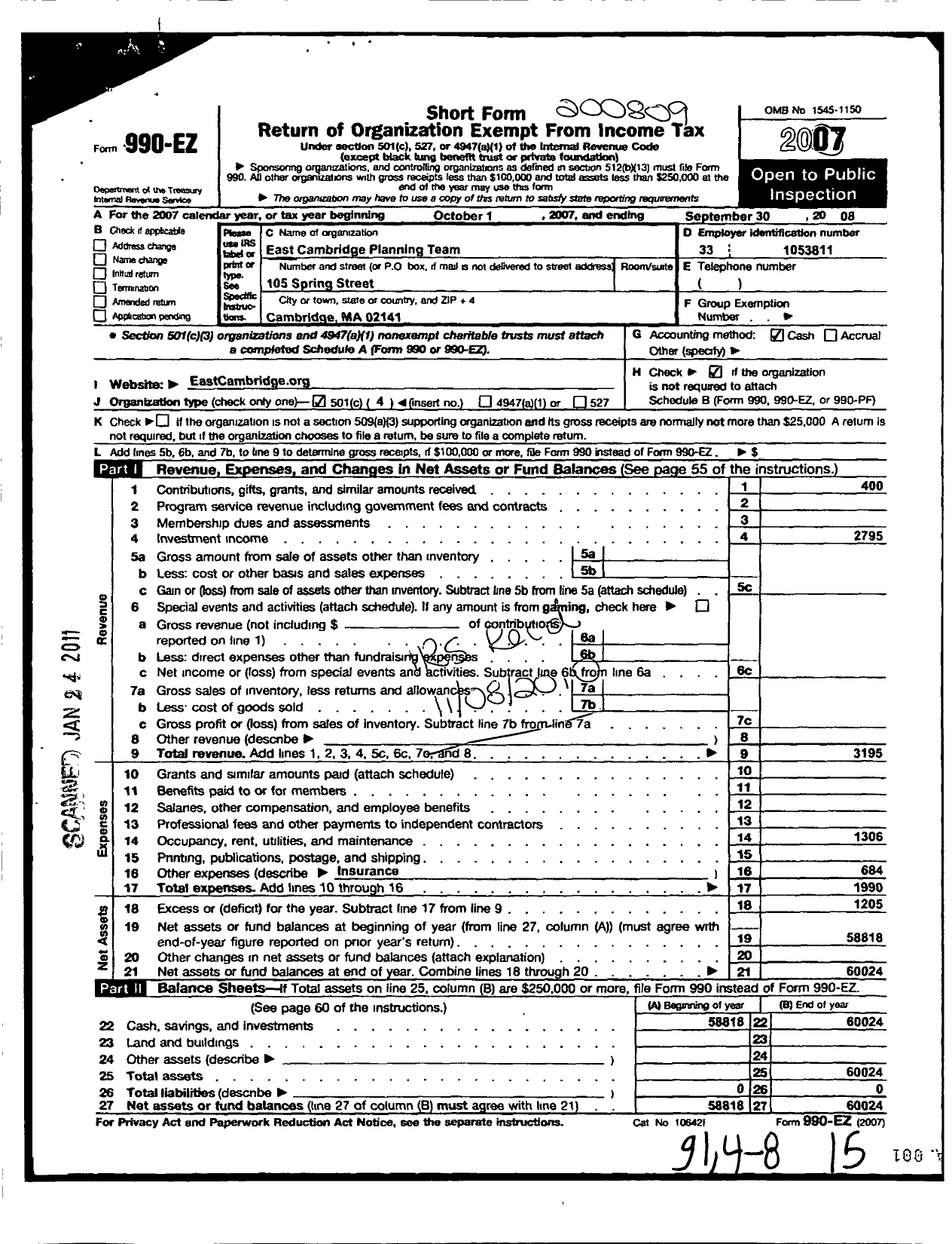 Image of first page of 2007 Form 990EO for East Cambridge Planning Team