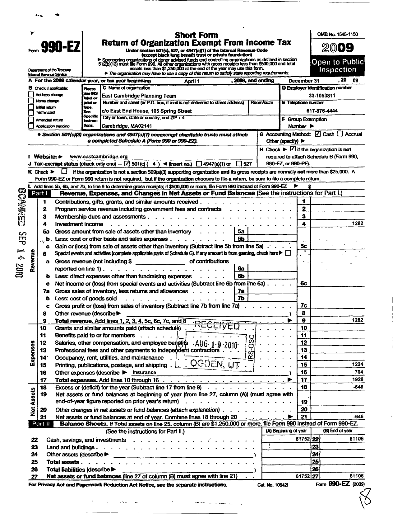 Image of first page of 2009 Form 990EO for East Cambridge Planning Team