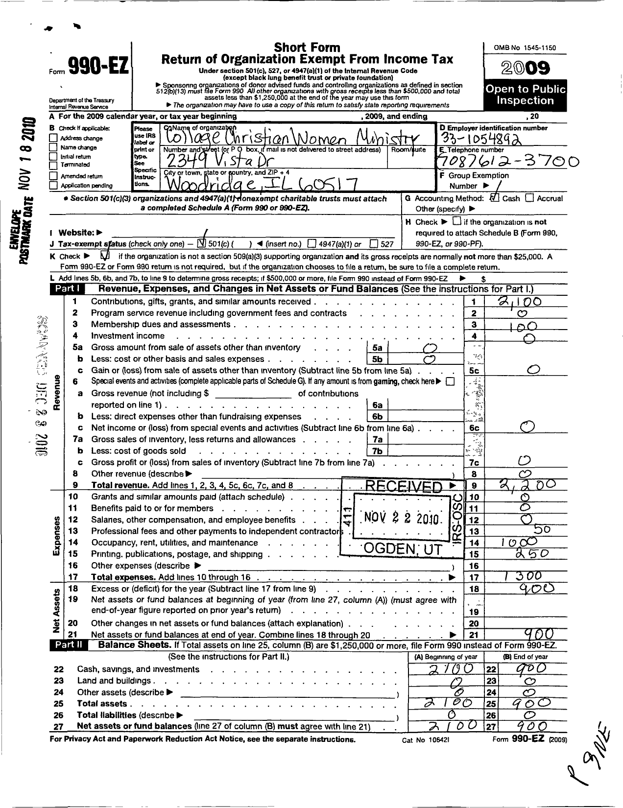 Image of first page of 2009 Form 990EO for Collage Christian Women Ministry