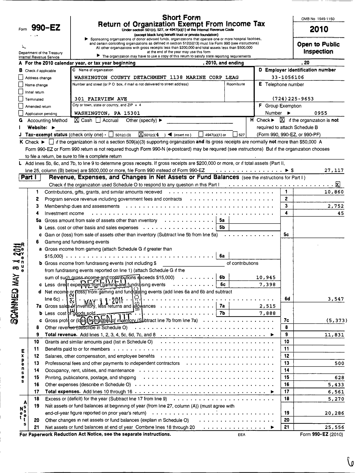 Image of first page of 2010 Form 990EO for Marine Corps League - 1138 Washington County Detachment M