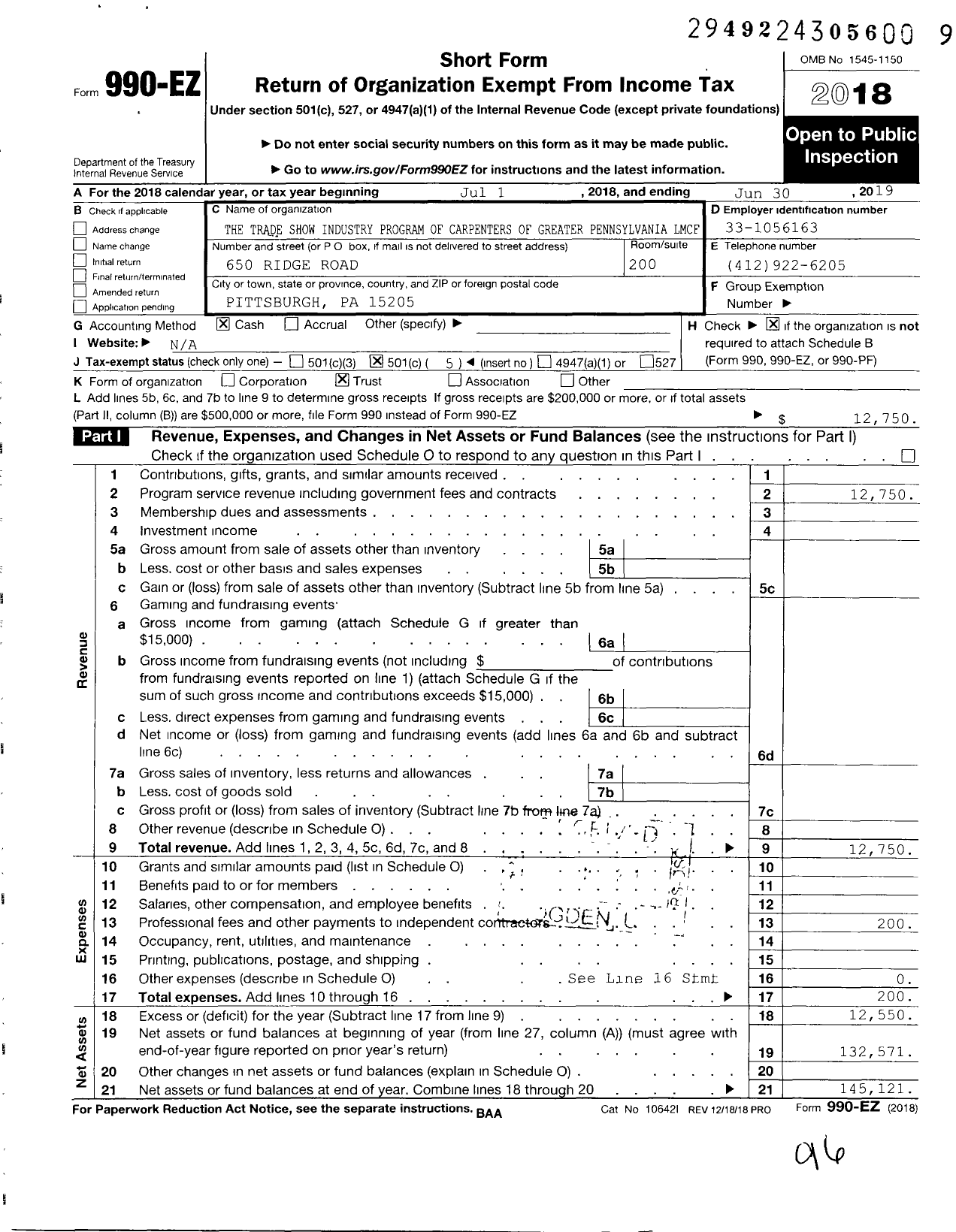 Image of first page of 2018 Form 990EO for The Trade Show Industry Program of Carpenters of Greater Pennsylvania