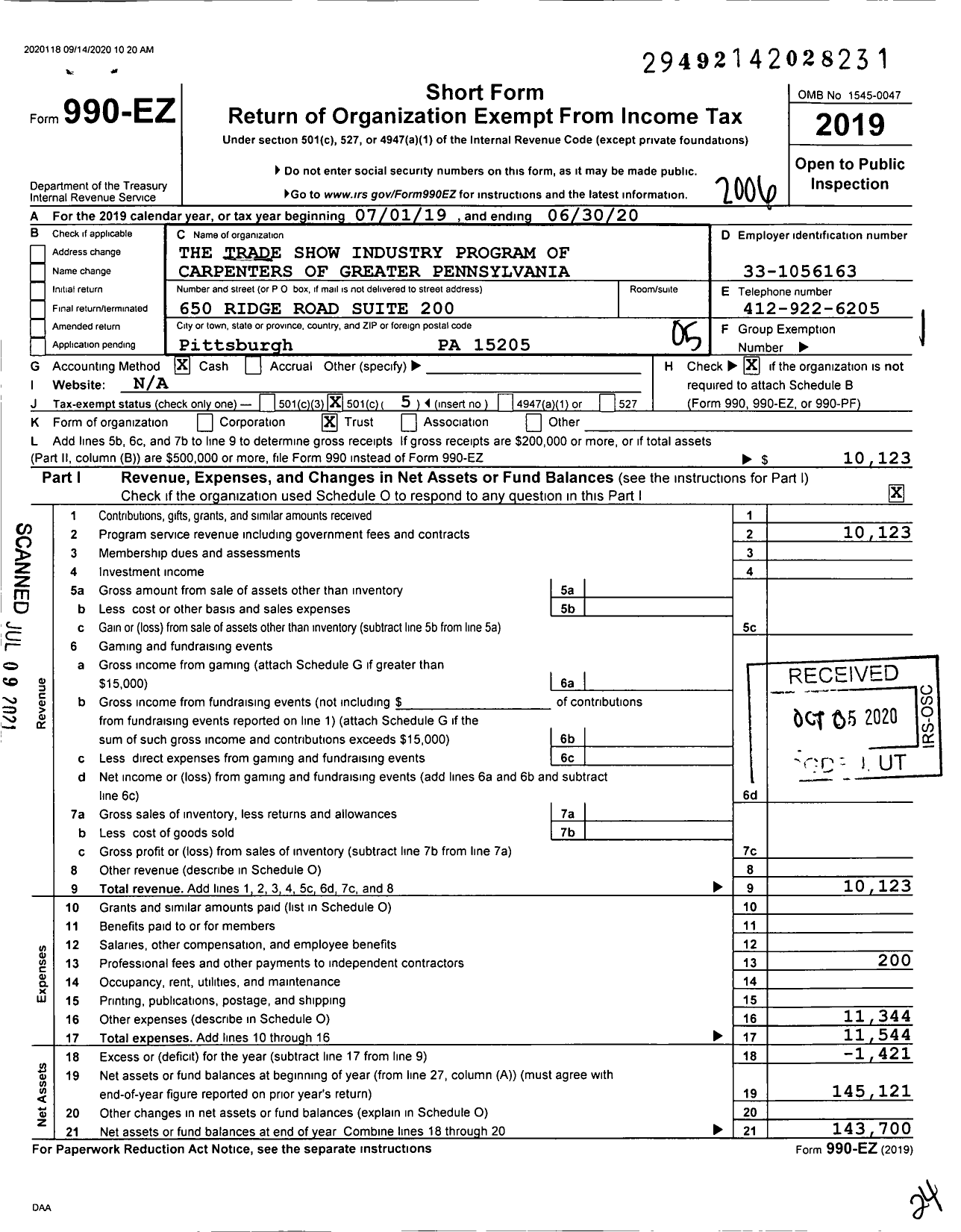 Image of first page of 2019 Form 990EO for The Trade Show Industry Program of Carpenters of Greater Pennsylvania