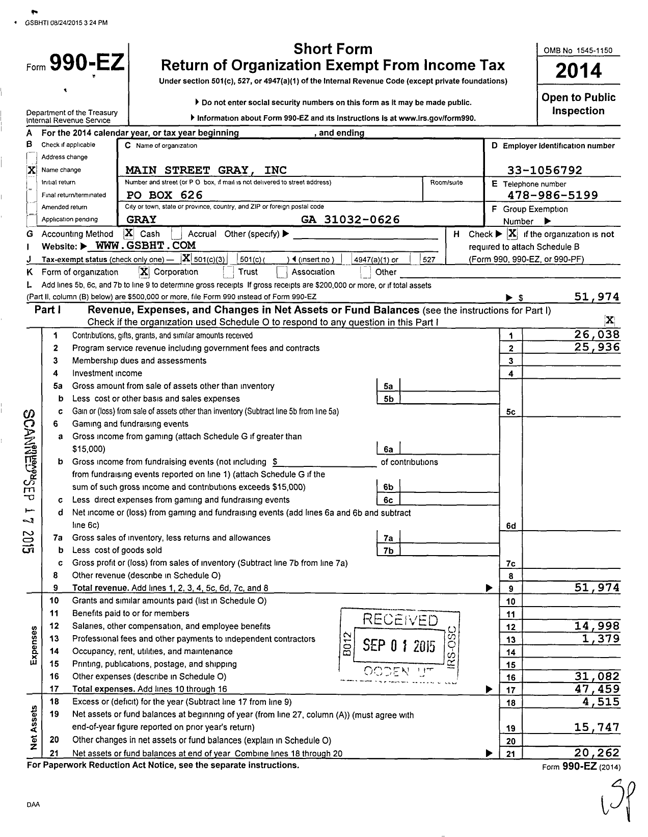 Image of first page of 2014 Form 990EZ for Main Street Gray