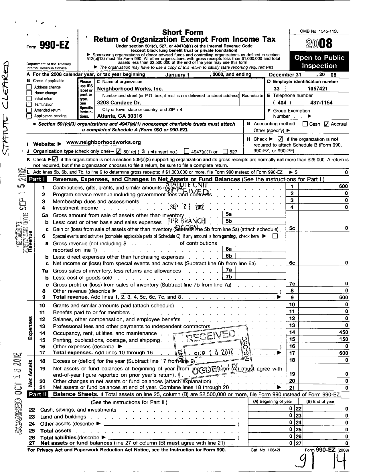 Image of first page of 2008 Form 990EZ for Neighborhood Works