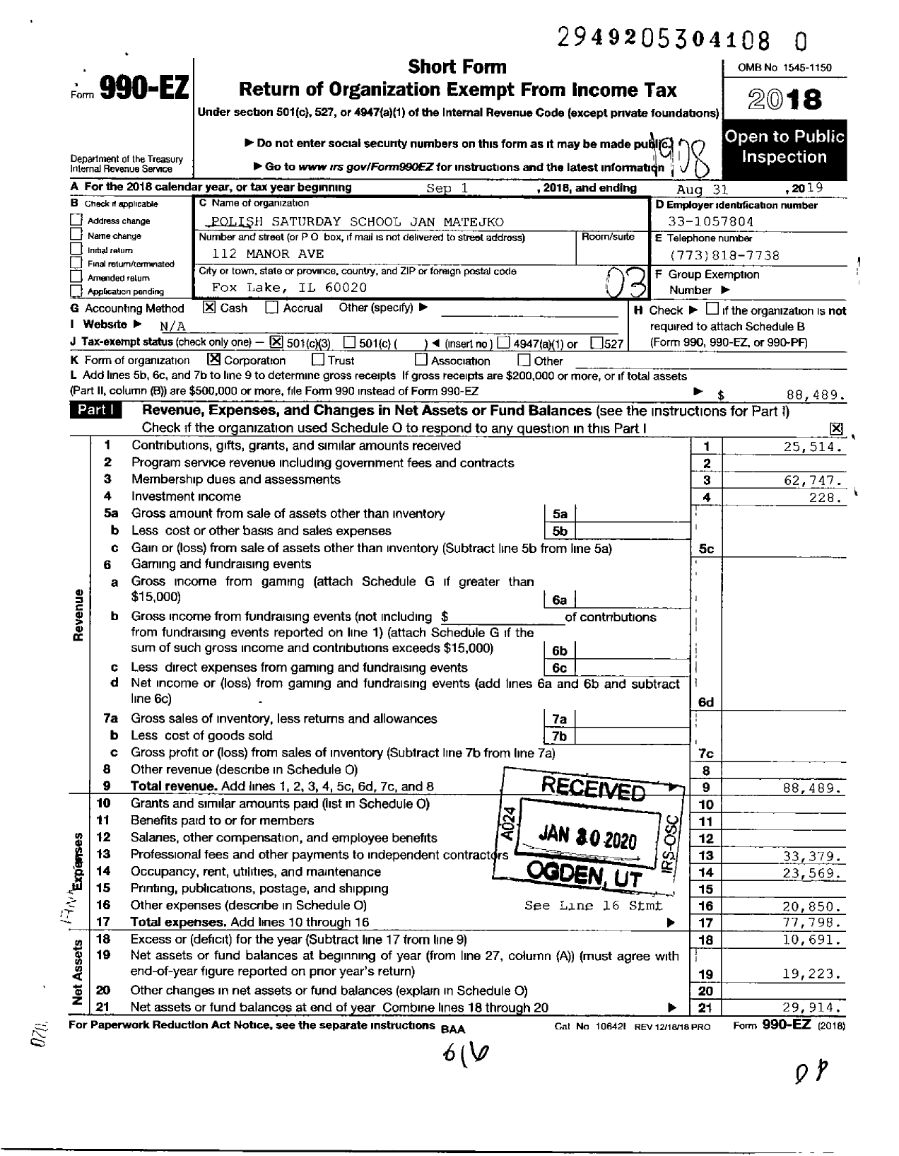 Image of first page of 2018 Form 990EZ for Polish Saturday School Jan Matejko