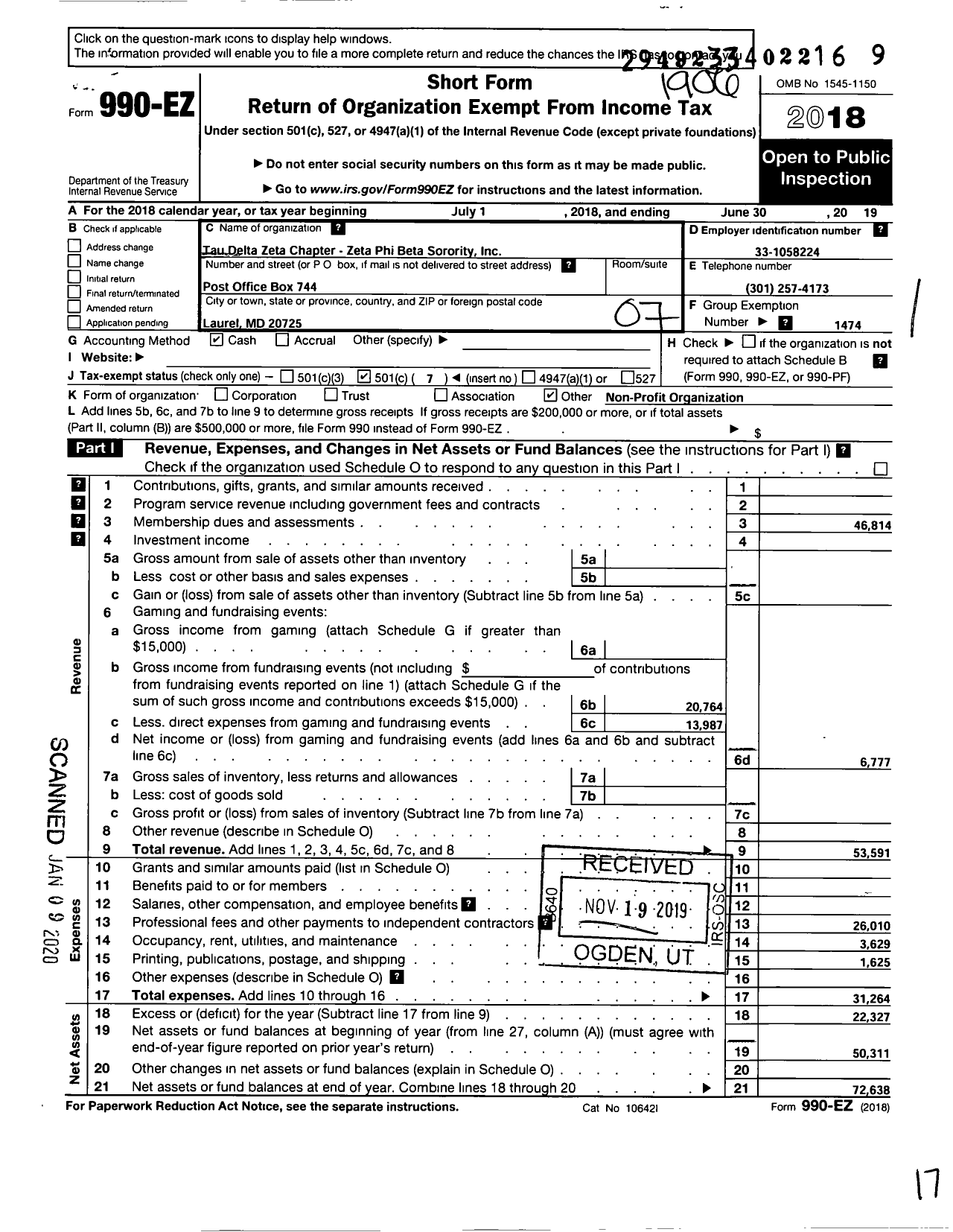 Image of first page of 2018 Form 990EO for Zeta Phi Beta Sorority / Tau Delta Zeta