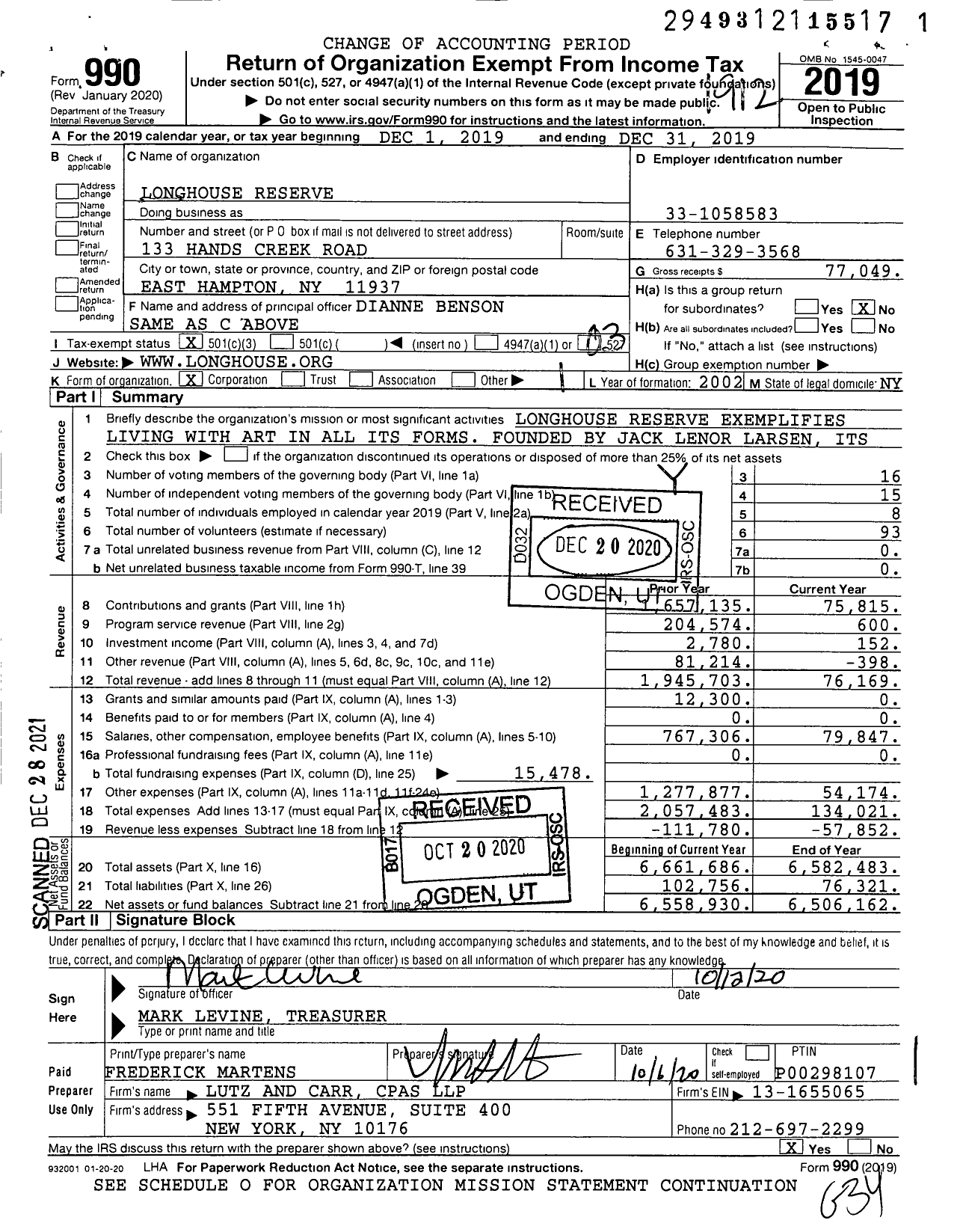 Image of first page of 2019 Form 990 for LongHouse Reserve