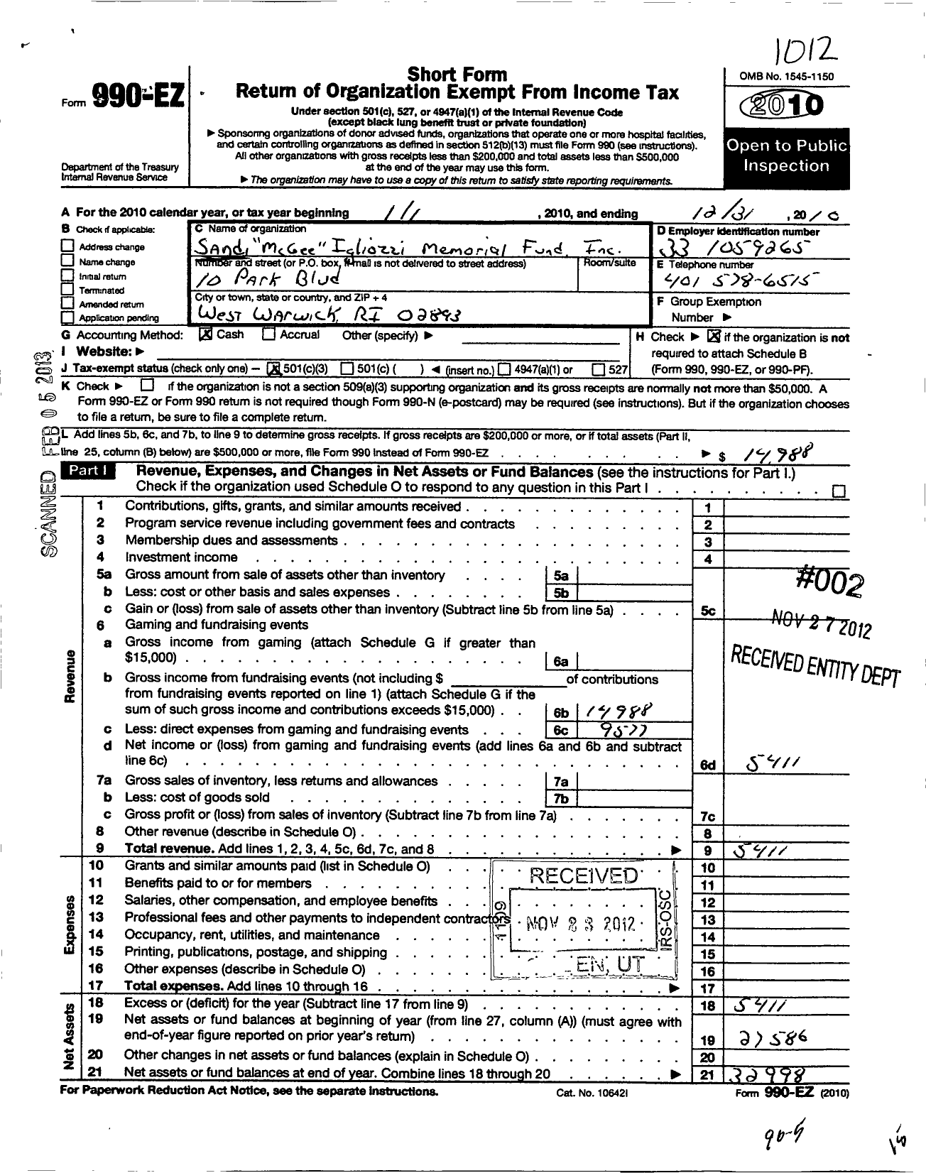 Image of first page of 2010 Form 990EZ for Sandi Mcgee Igliozzi Memorial Fund