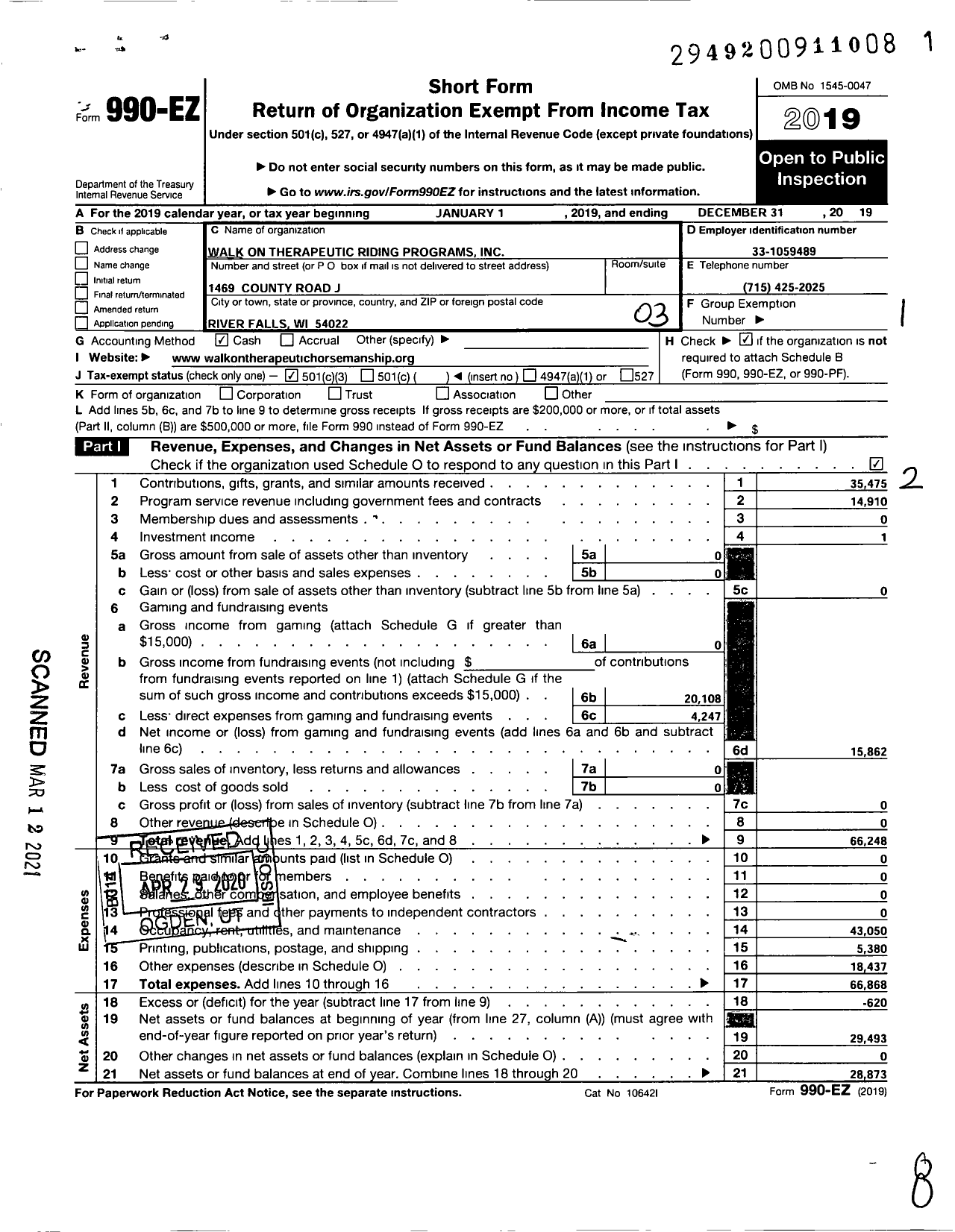 Image of first page of 2019 Form 990EZ for Walk On Therapeutic Riding Programs