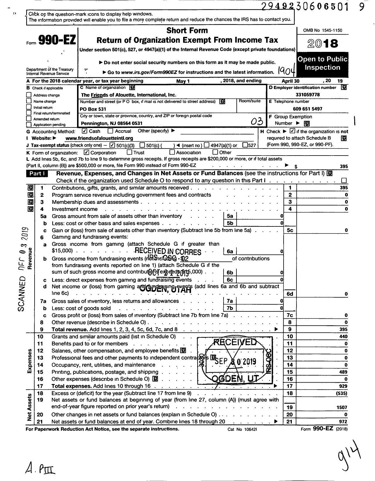 Image of first page of 2018 Form 990EZ for Friends of Alouette International