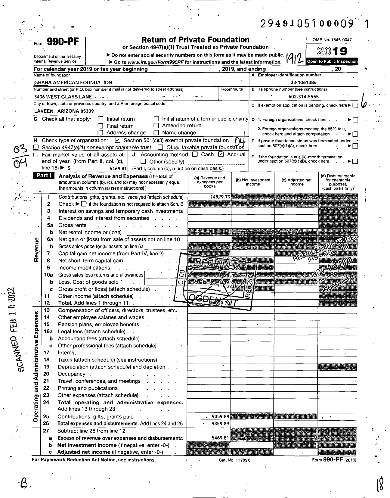 Image of first page of 2019 Form 990PF for Ghana American Foundation