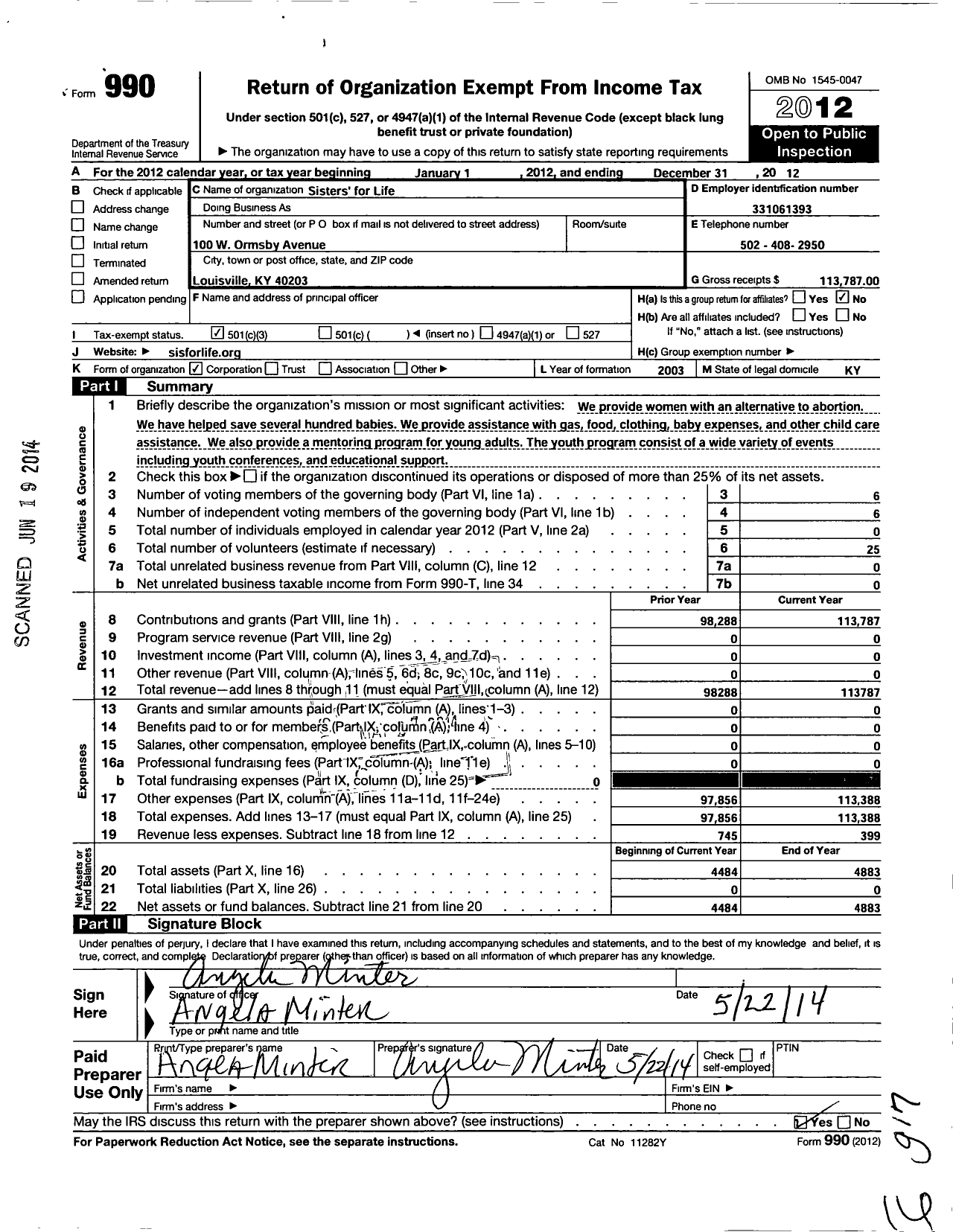 Image of first page of 2012 Form 990 for Sisters for Life Education Fund