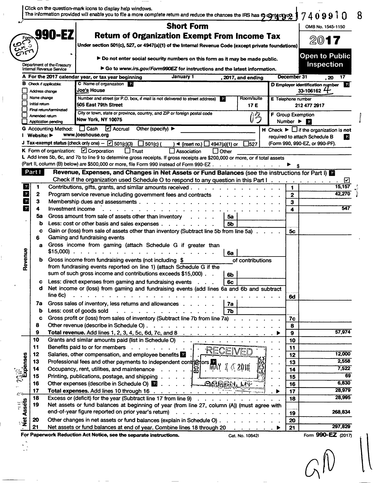 Image of first page of 2017 Form 990EZ for Joes House