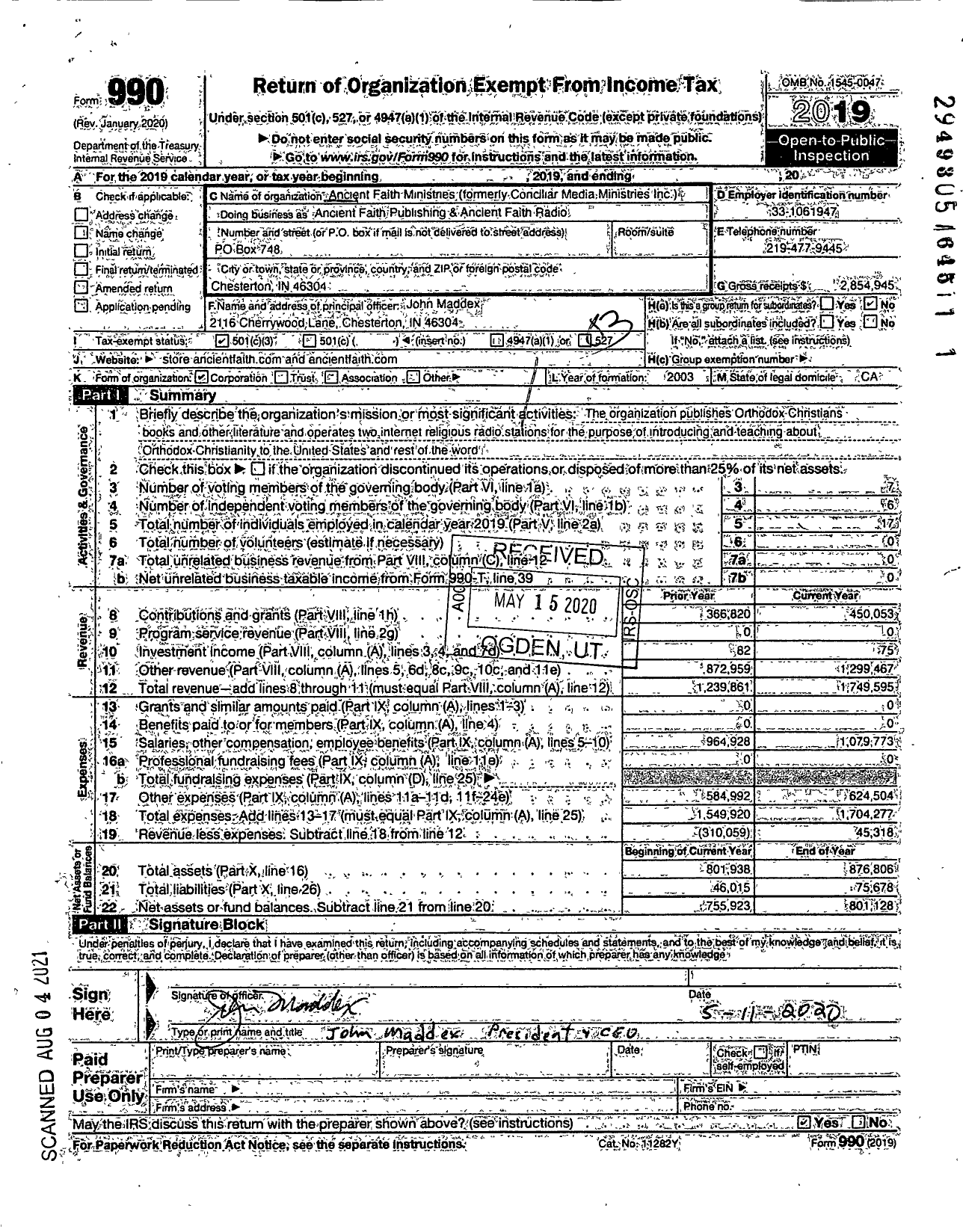 Image of first page of 2019 Form 990 for Ancient Faith Radio and Publishing