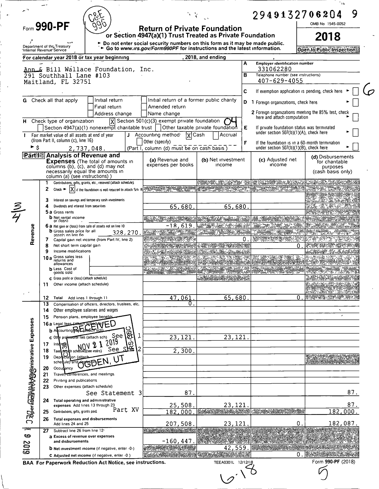 Image of first page of 2018 Form 990PF for Ann and Bill Wallace Foundation