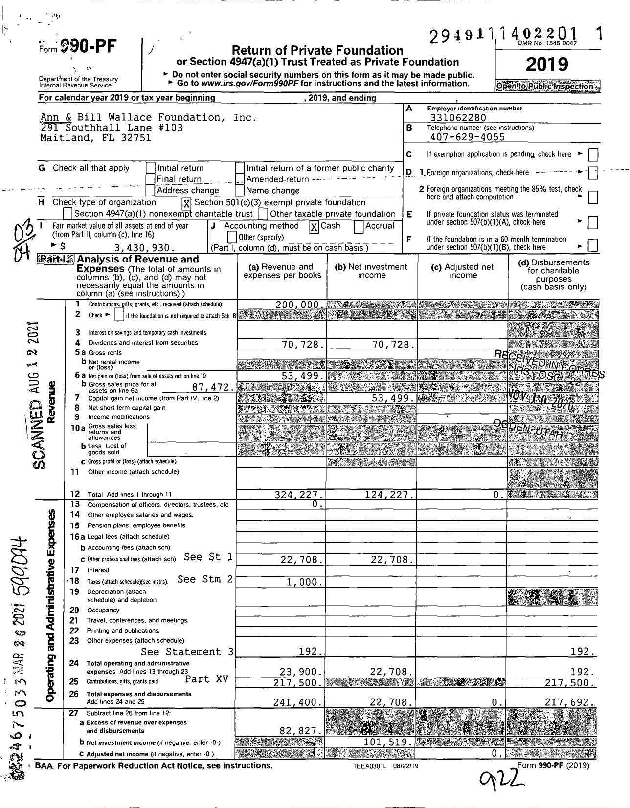 Image of first page of 2019 Form 990PF for Ann and Bill Wallace Foundation