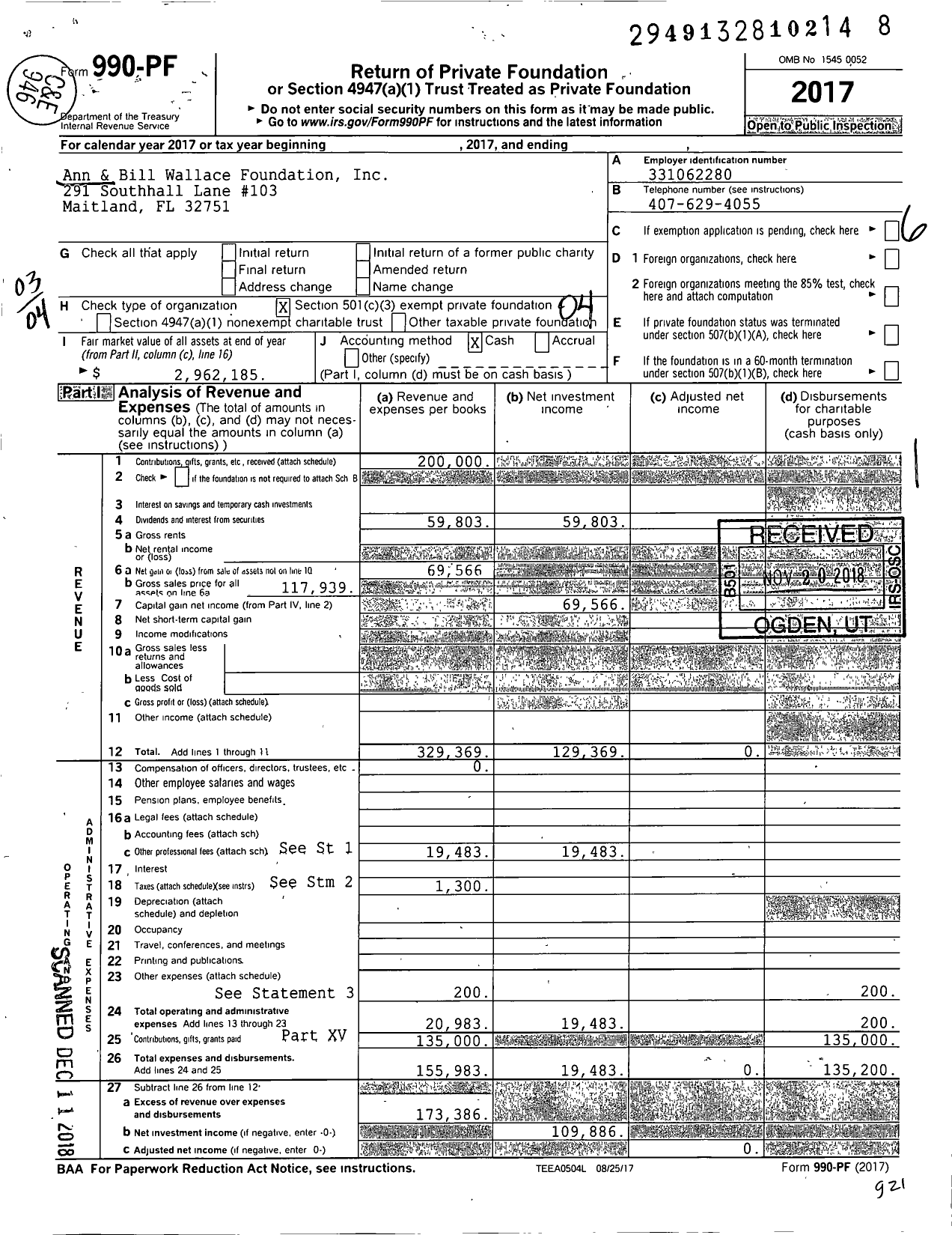 Image of first page of 2017 Form 990PF for Ann and Bill Wallace Foundation