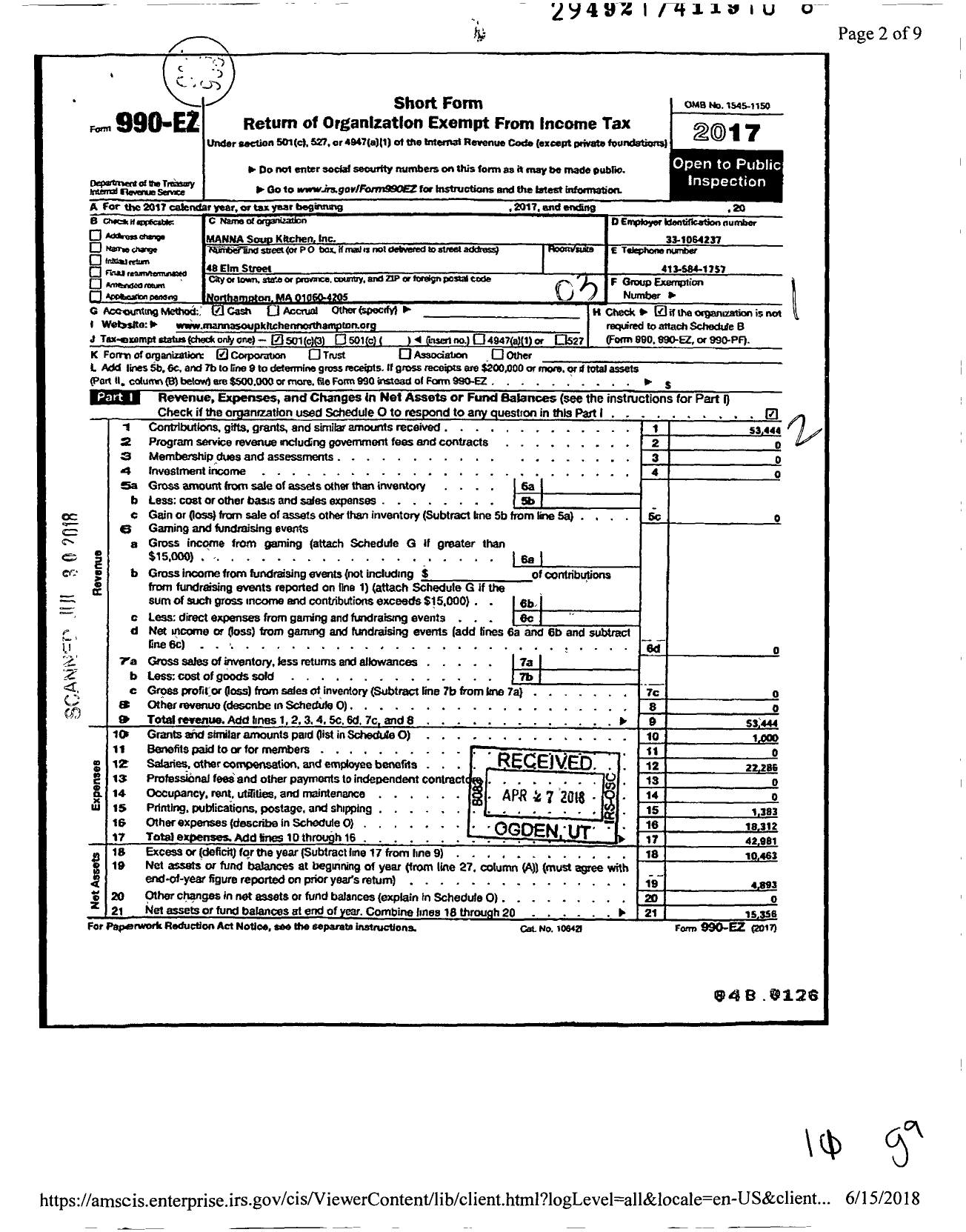 Image of first page of 2017 Form 990EZ for Manna Soup Kitchen