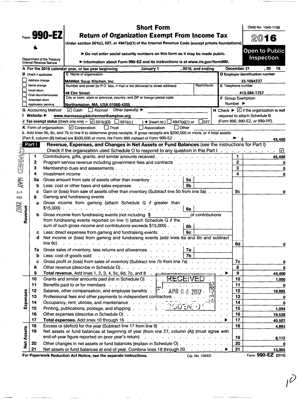 Image of first page of 2016 Form 990EZ for Manna Soup Kitchen